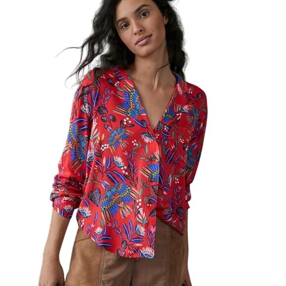 Anthropologie Tops - Anthropologie Super Nice Letters Elysa Bold Floral Bird Print Button Down Top XL